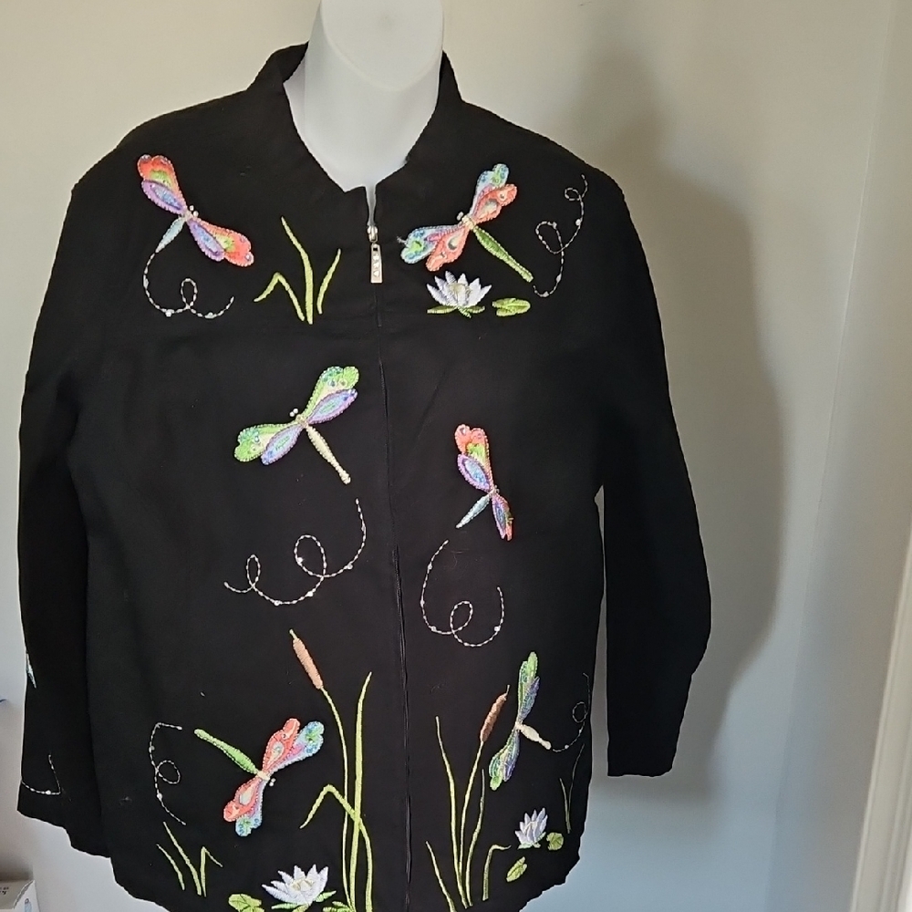 Quacker Factory Black Embroidered Dragonfly Jacket